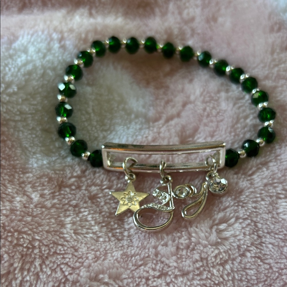 Elegant Green Beaded Bracelet with Silver Charms